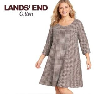 2X Lands’ End Cotton Women’s Plus Brown/White Houndstooth‎ A-line Dress
